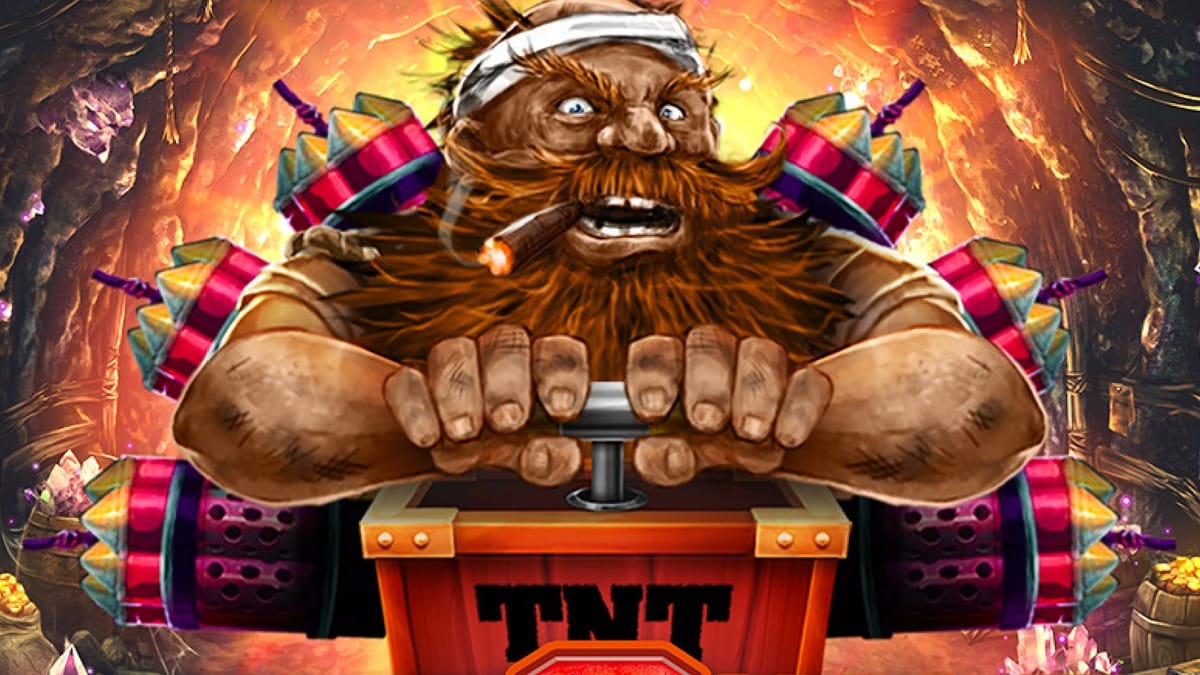 Key art do Fire In The Hole 2 com o anao barbudo sobre um barril de TNT cheio de dinamites coloridas. Nolimit City.