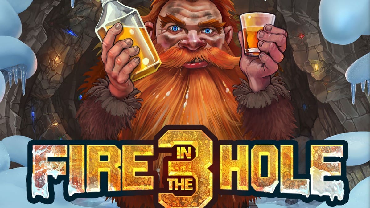 Key art do Fire In The Hole 3 com o anao barbudo segurando whiskey na mina congelada. Nolimit City.