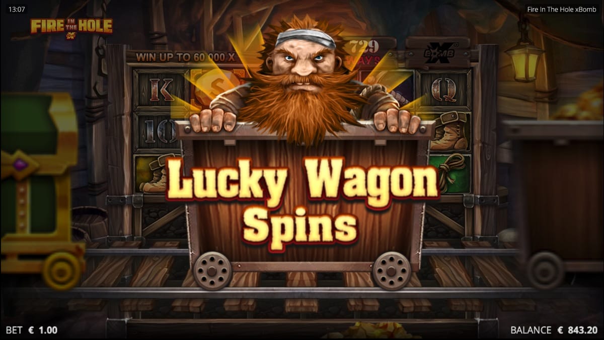 Anao saindo da vagoneta anunciando Lucky Wagon Spins no Fire In The Hole xBomb. Nolimit City.