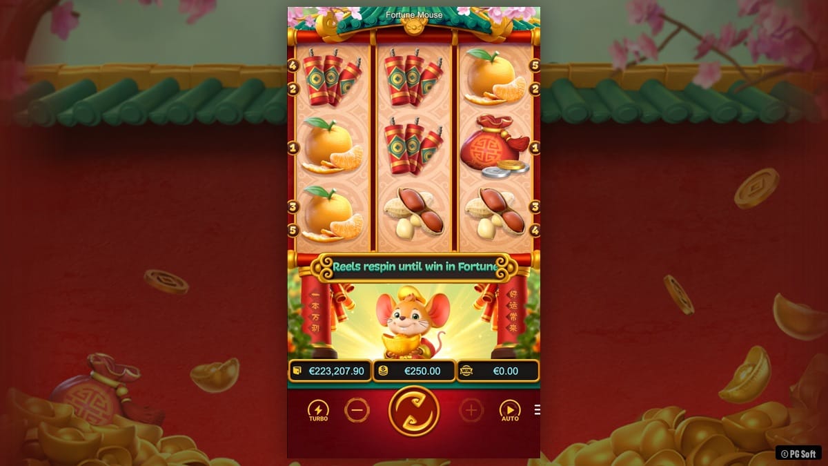 Jogo base do Fortune Mouse com grade 3x3, símbolos do Ano Novo Chinês e banner Respin Until Win no rodapé. PG Soft.