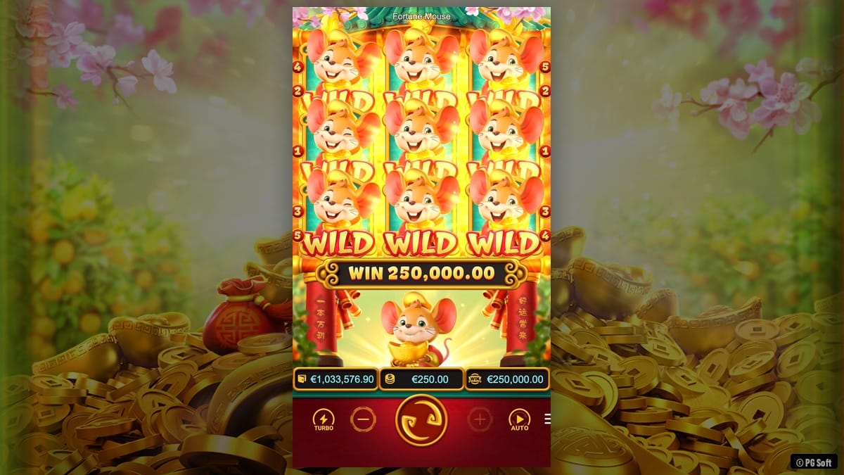 Max win do Fortune Mouse: tela cheia de Wild com todas as 9 posições ocupadas pelo Ratinho dourado. PG Soft.