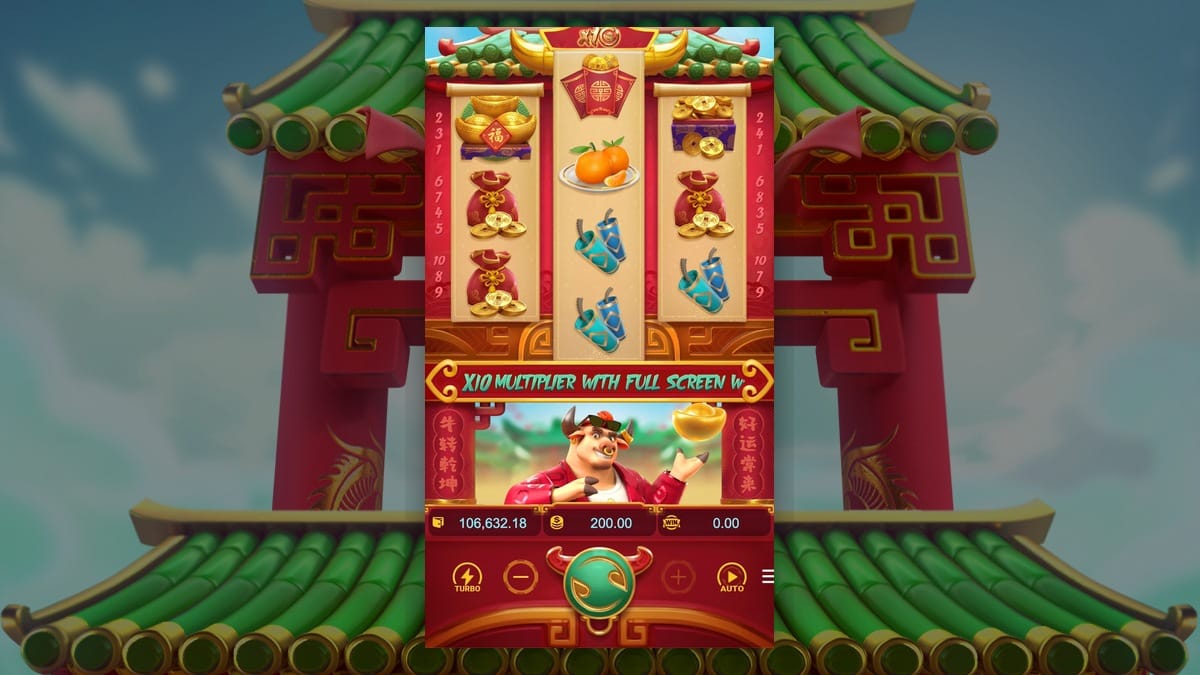 Grade 3x4x3 do Fortune Ox no jogo base com símbolos de ouro, lingotes e envelopes vermelhos. PG Soft.