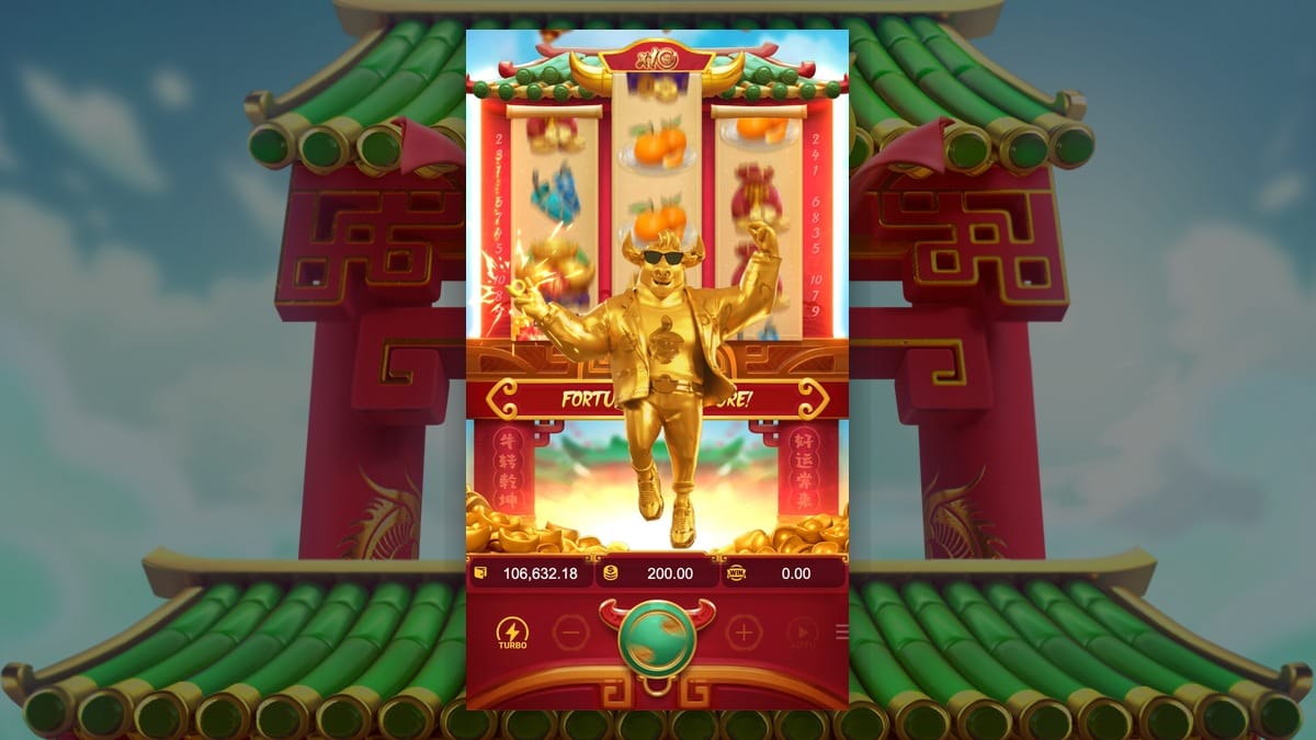 Fortune Ox Feature ativada: rolos 1 e 3 sincronizados, respins até vencer em andamento. PG Soft.