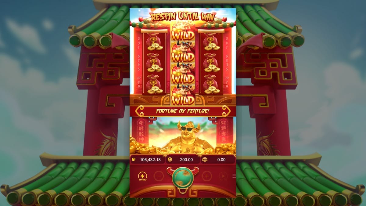 Fortune Ox Feature em andamento com respins na grade 3x4x3. PG Soft.