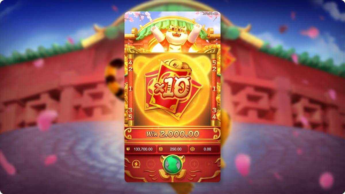 Multiplicador 10x ativado no Fortune Tiger: card vermelho indica que o pagamento total foi multiplicado. PG Soft.