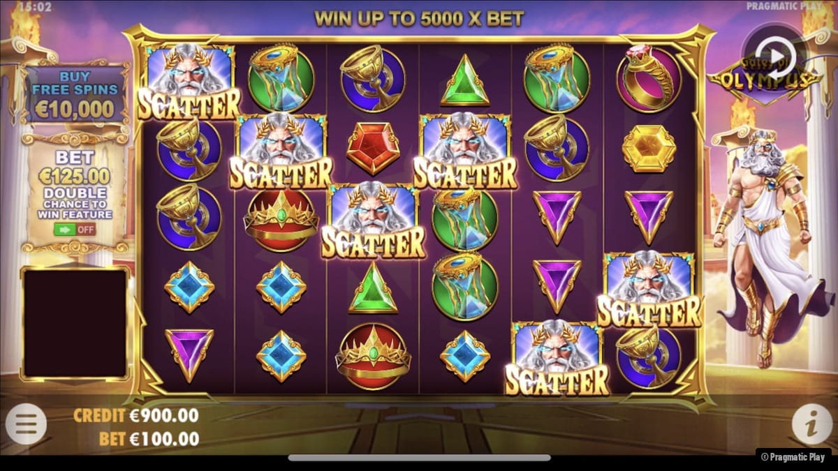Seis símbolos Scatter de Zeus na tela do Gates of Olympus ativando 15 Free Spins. Pragmatic Play.