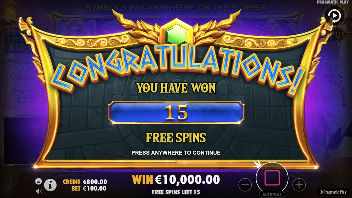 Tela de concessão de 15 Free Spins no Gates of Olympus com vitória de 10.000 registrada. Pragmatic Play.