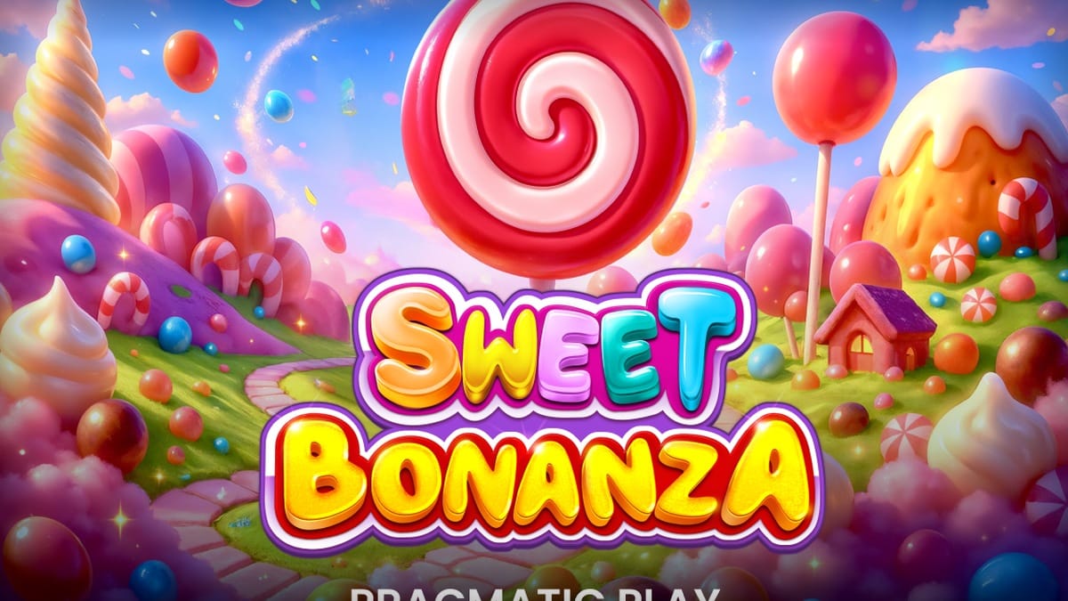 Grade 6x5 do Sweet Bonanza com símbolos de frutas e doces coloridos, mostrando o layout do jogo base. Pragmatic Play.