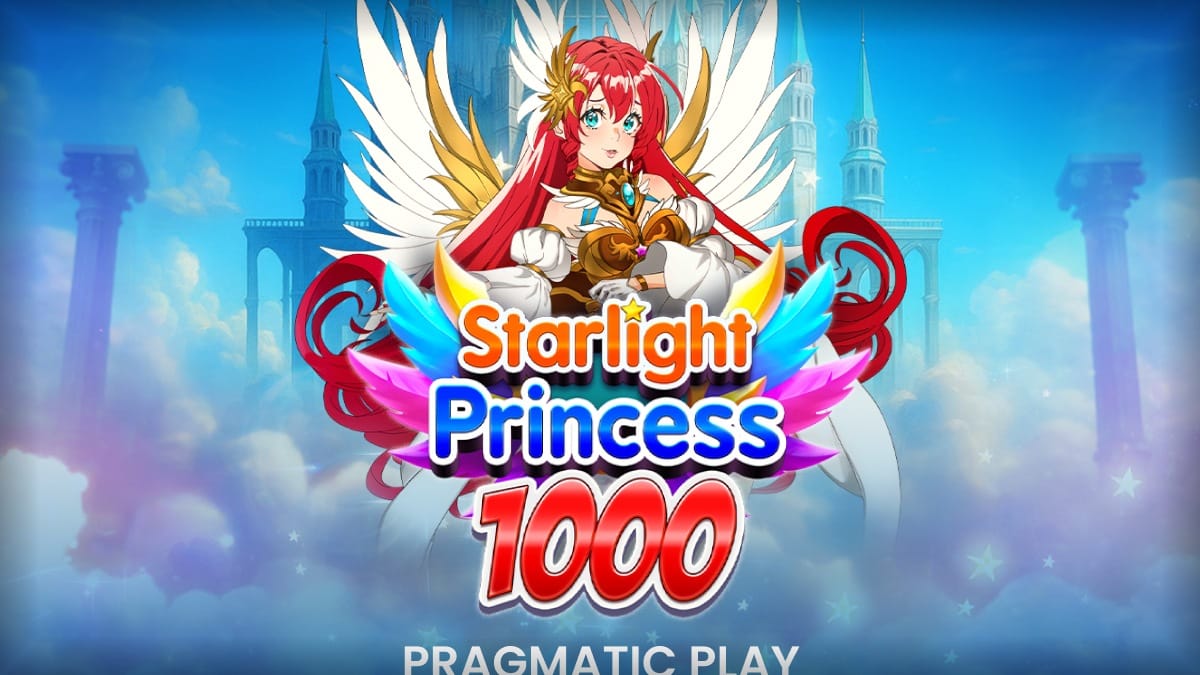 Tela de abertura do Starlight Princess 1000 mostrando a princesa de cabelos vermelhos com asas brancas e o logo do jogo. Pragmatic Play.