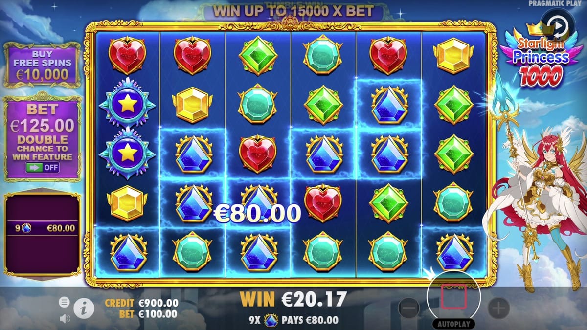 Grade 6x5 do Starlight Princess 1000 no jogo base com indicador de WIN UP TO 15000 X BET e vitória de 9 diamantes azuis pagando 80 euros. Pragmatic Play.