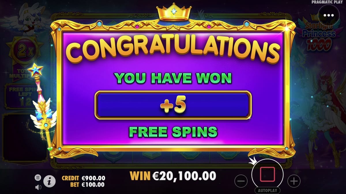 Tela do Starlight Princess 1000 nas Rodadas Grátis com retrigger de mais 5 free spins e total multiplier acumulado. Pragmatic Play.
