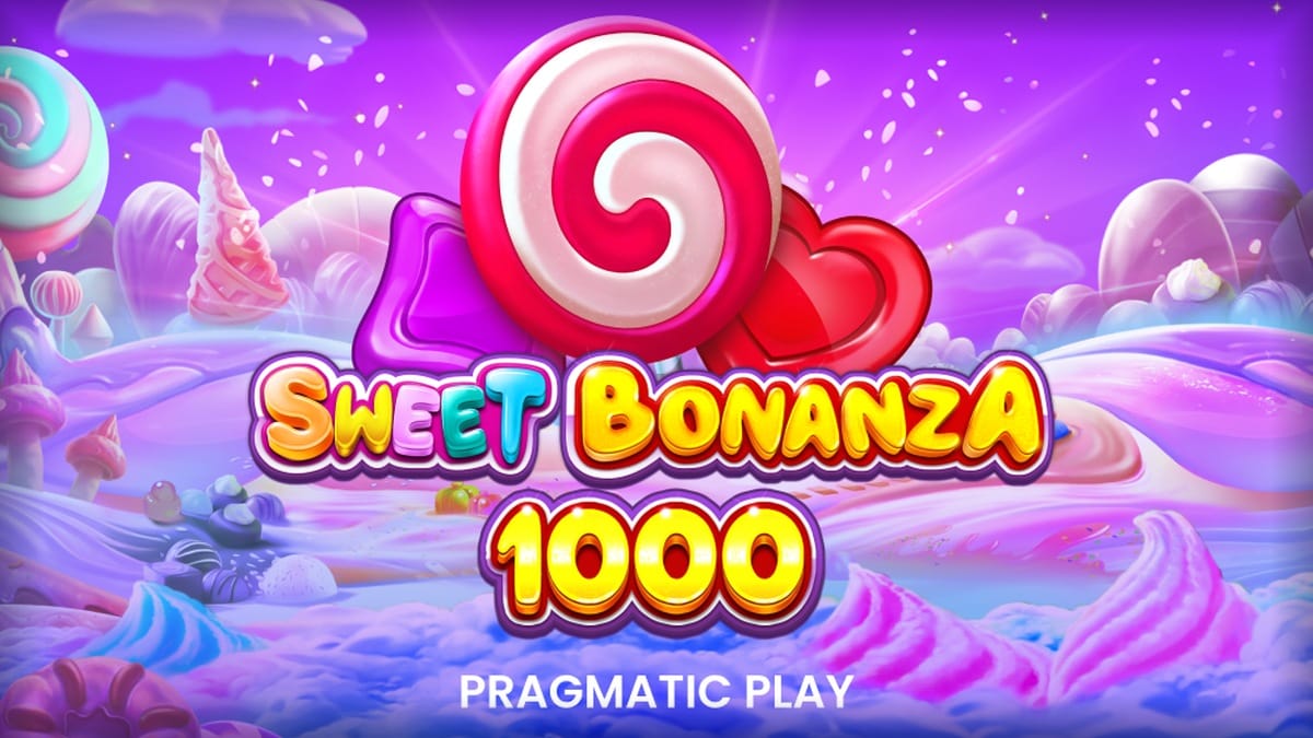 Tela de abertura do Sweet Bonanza 1000 mostrando o logo com pirulito gigante sobre o cenário de doces. Pragmatic Play.