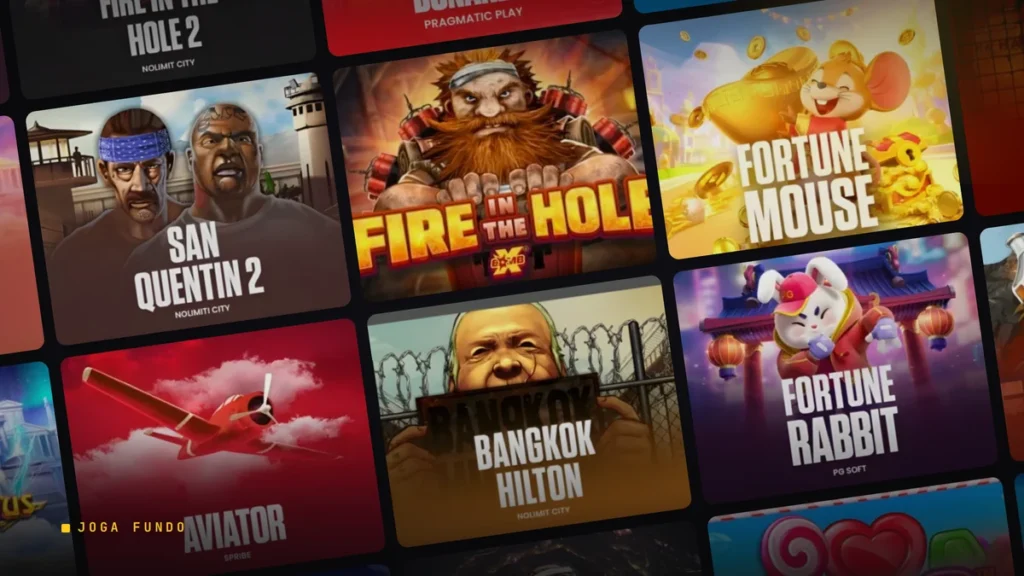 Mosaico com as capas dos slots mais populares do catálogo brasileiro analisado por RTP e volatilidade no Joga Fundo.